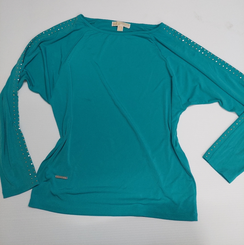 MICHEAL KORS Teal Long Sleeve Top with Studded Sleeves